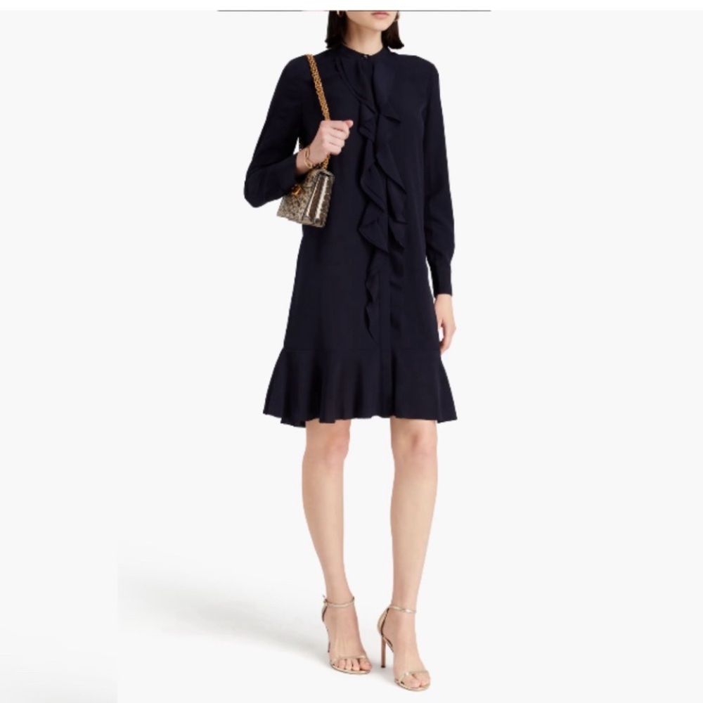 New TORY BURCH Jane Ruffle Shirt Dress Navy blue long sleeve Sz 8 flounce hem